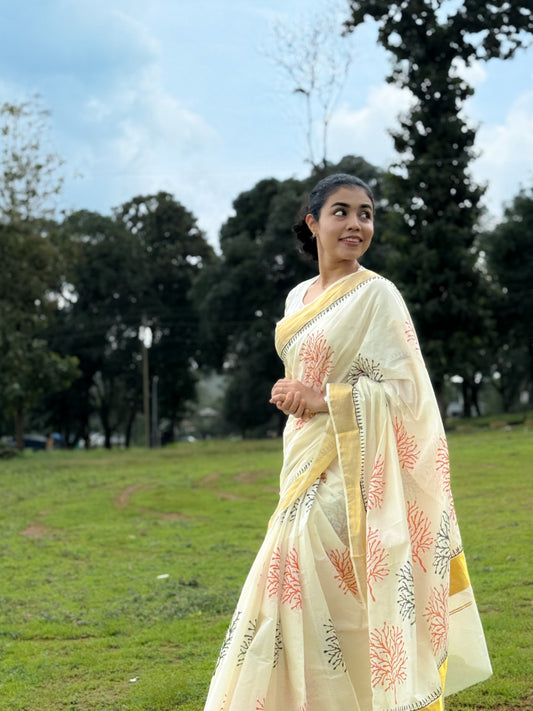 Hand block printed pure cotton saree with bold prints