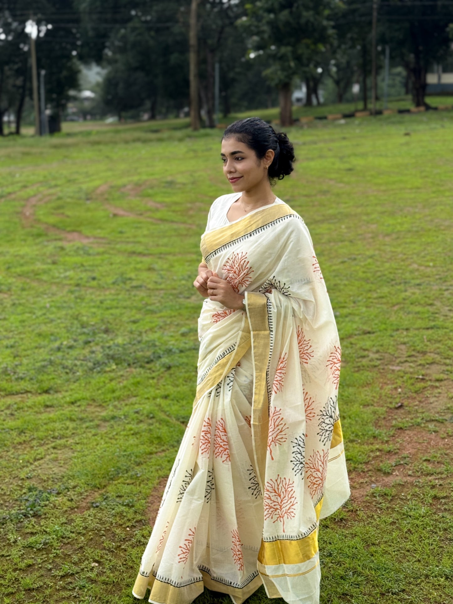 Hand block printed pure cotton saree with bold prints