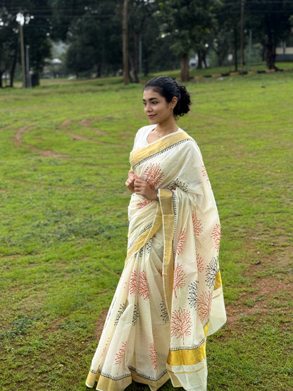 Hand block printed pure cotton saree with bold prints