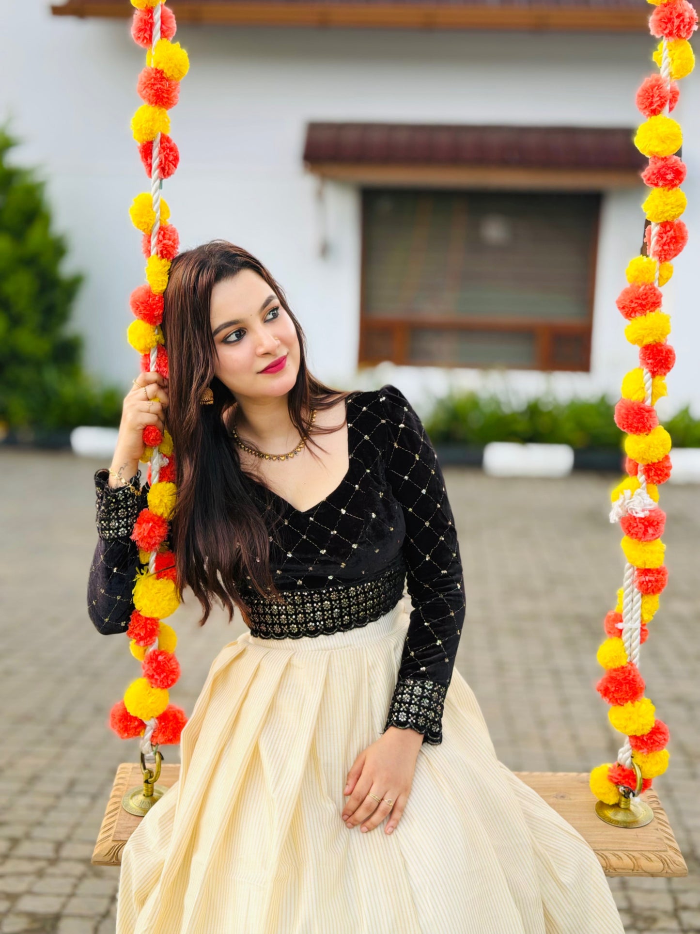 Unstitched Premium Cotton Tissue Skirt With Black Velvet Sequence Blouse