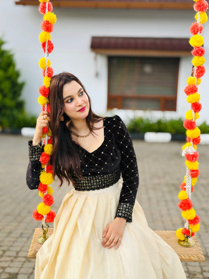 Unstitched Premium Cotton Tissue Skirt With Black Velvet Sequence Blouse