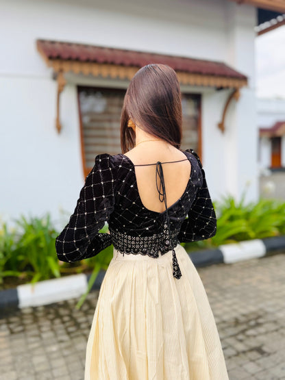 Unstitched Premium Cotton Tissue Skirt With Black Velvet Sequence Blouse