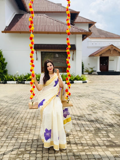 Premium cotton Kerala saree with trending floral prints and premium zari