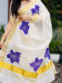 Premium cotton Kerala saree with trending floral prints and premium zari