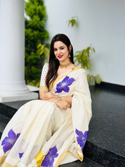 Premium cotton Kerala saree with trending floral prints and premium zari