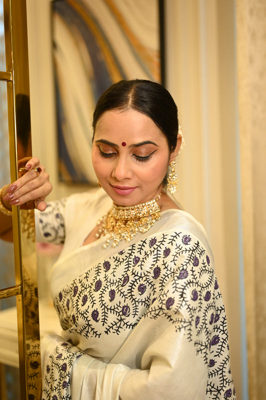 Silver Tissue Kasavu Saree with Hand Block Prints and printed running blouse
