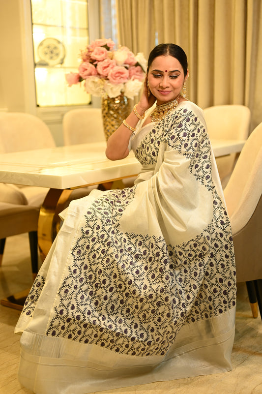 Silver Tissue Kasavu Saree with Hand Block Prints and printed running blouse
