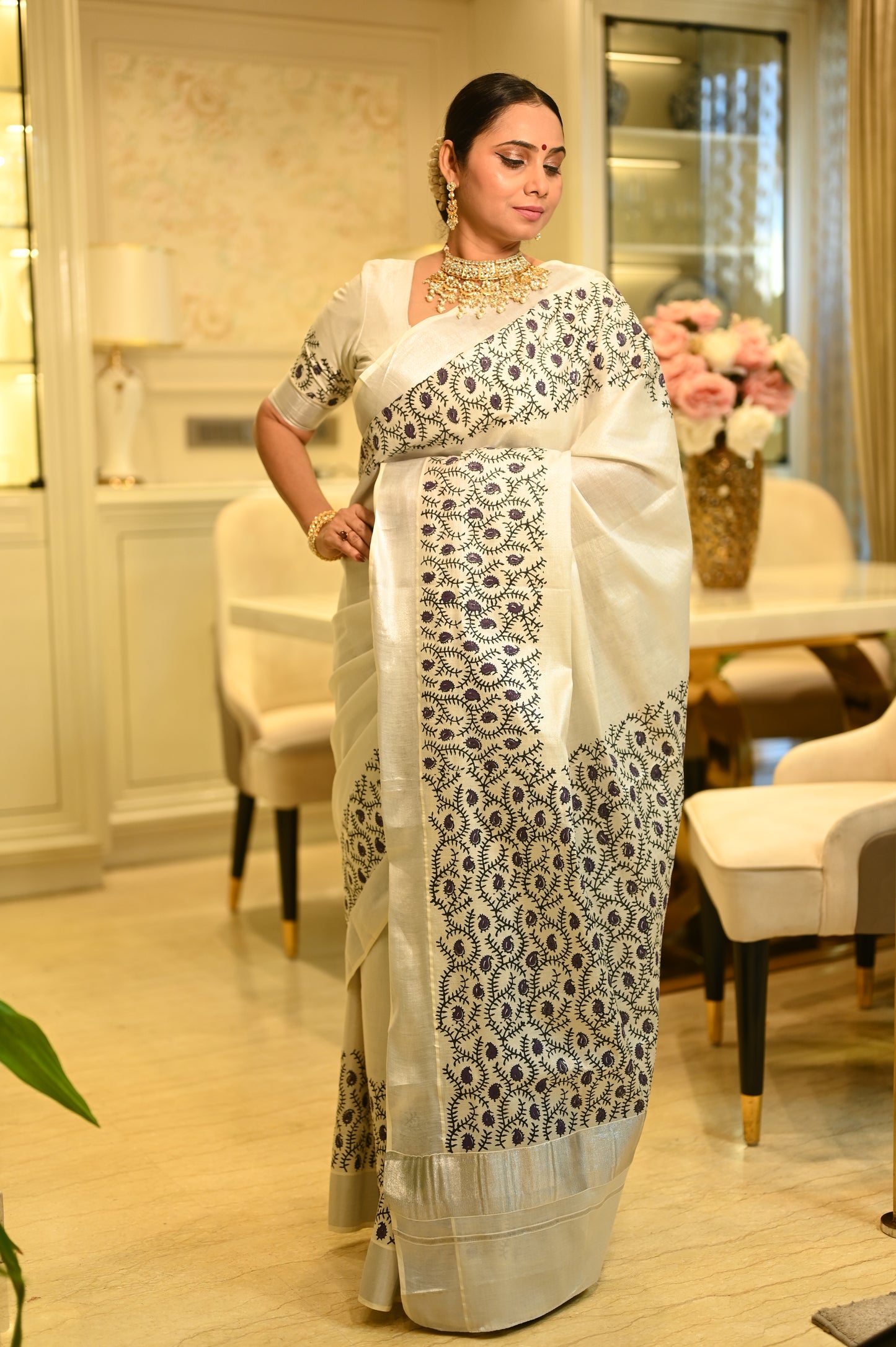 Silver Tissue Kasavu Saree with Hand Block Prints and printed running blouse