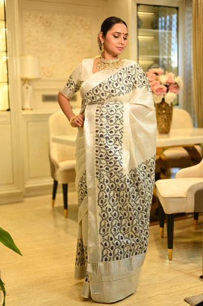 Silver Tissue Kasavu Saree with Hand Block Prints and printed running blouse