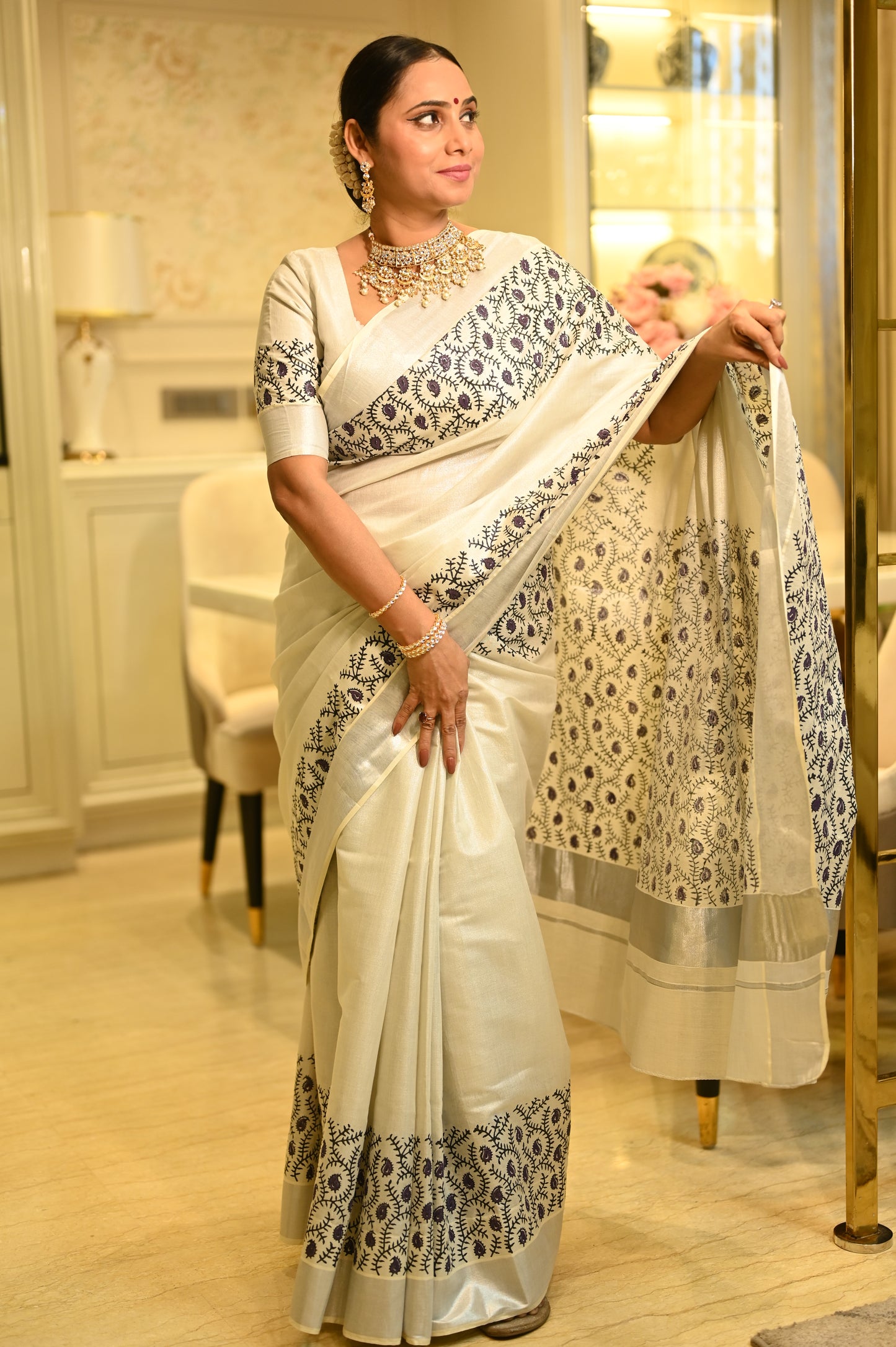 Silver Tissue Kasavu Saree with Hand Block Prints and printed running blouse