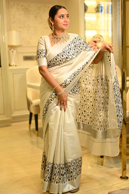Silver Tissue Kasavu Saree with Hand Block Prints and printed running blouse