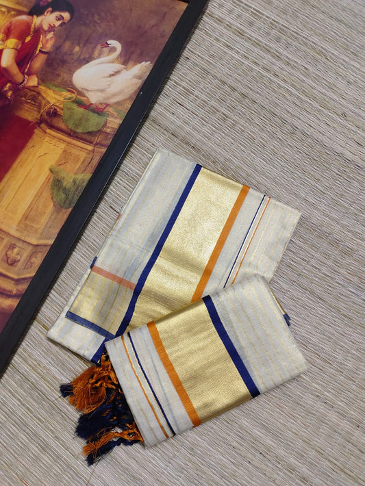 Heritage Kasavu Saree - Navy & Mustard